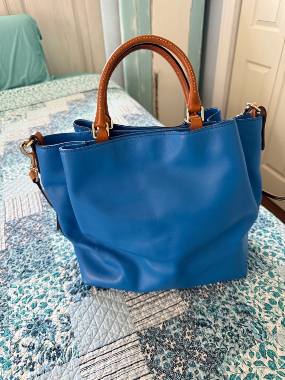 Dooney & Bourke Blue Leather Tote with Brown Trim - Picture 2 of 16